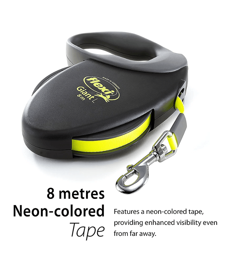 Flexi - Giant Neon Tape Dog Lead, 8m Tape, Soft Grip – Large Dogs up to 50kg with neon-colored tape for visibility.