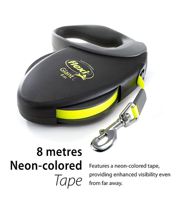 Flexi - Giant Neon Tape Dog Lead, 8m Tape, Soft Grip – Large Dogs up to 50kg