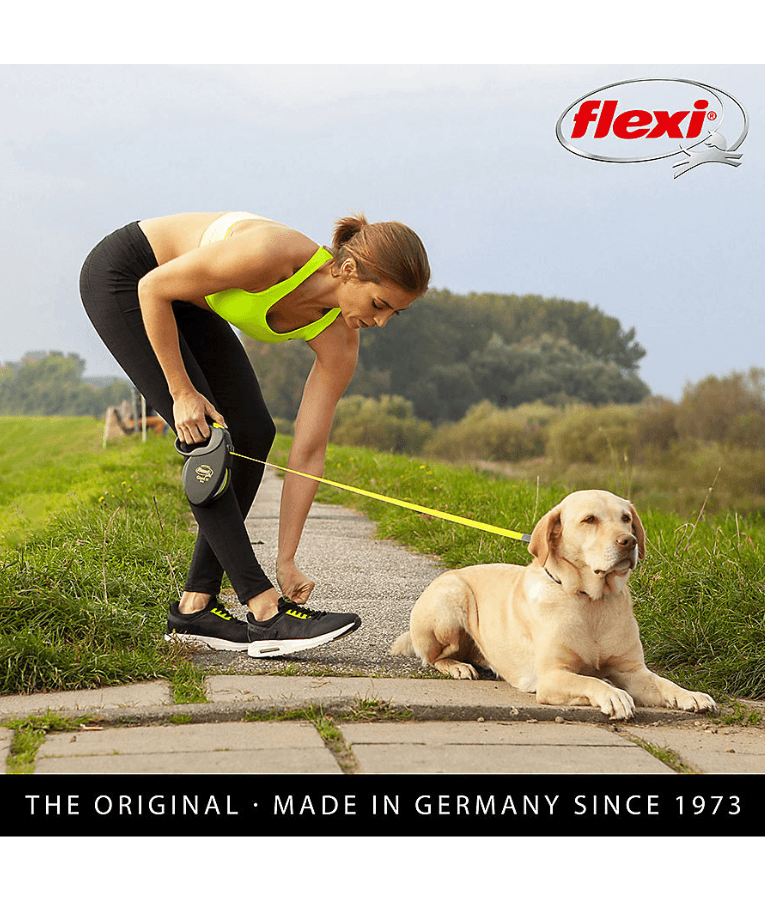 Flexi - Giant Neon Tape Dog Lead, 8m Tape, Soft Grip – Large Dogs up to 50kg in use with owner and dog.