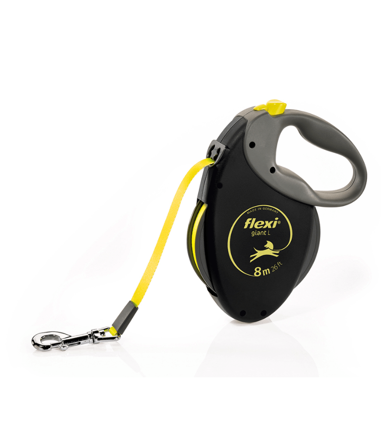 Flexi - Giant Neon Tape Dog Lead, 8m Tape, Soft Grip – Large Dogs up to 50kg, retractable leash with yellow tape.