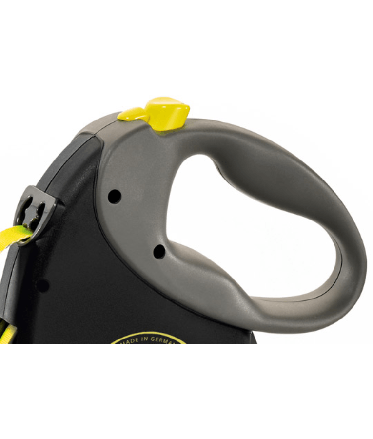 Flexi - Giant Neon Tape Dog Lead, 8m Tape, Soft Grip – Large Dogs up to 50kg handle and braking system detail