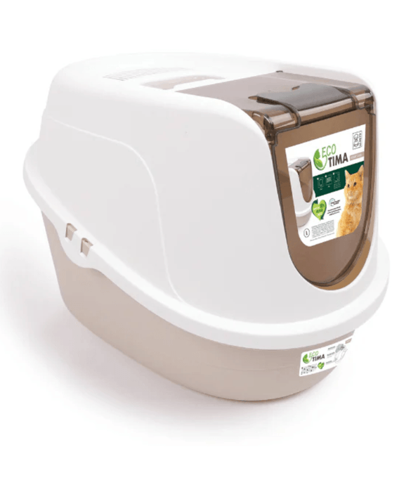 M-Pets - ECO TIMA Covered Cat Litter Box, Recycled Plastic, Odour Filter & Swing Door, Desert Sand - 60 x 45 x 42 cm
