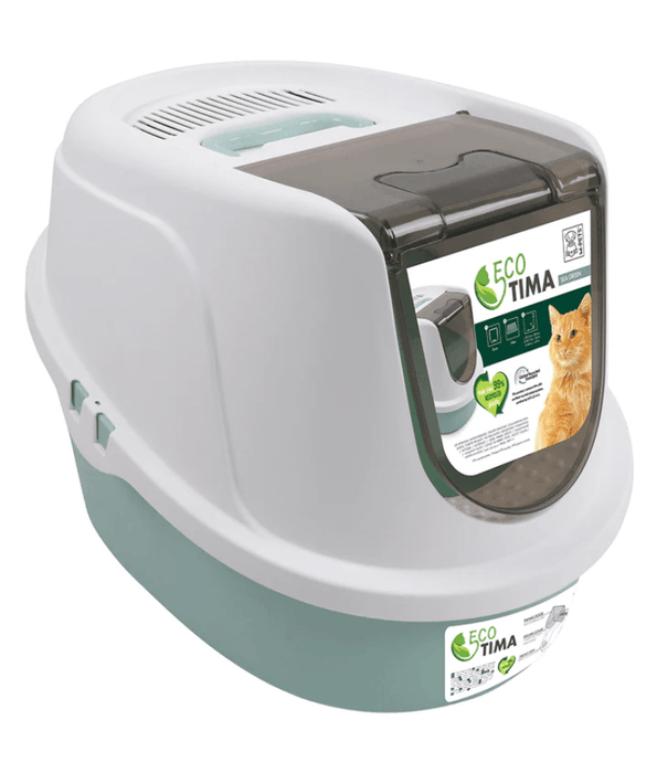 M-Pets - ECO TIMA Covered Cat Litter Box, Recycled Plastic, Odour Filter & Swing Door, Sea Green - 60 x 45 x 42 cm