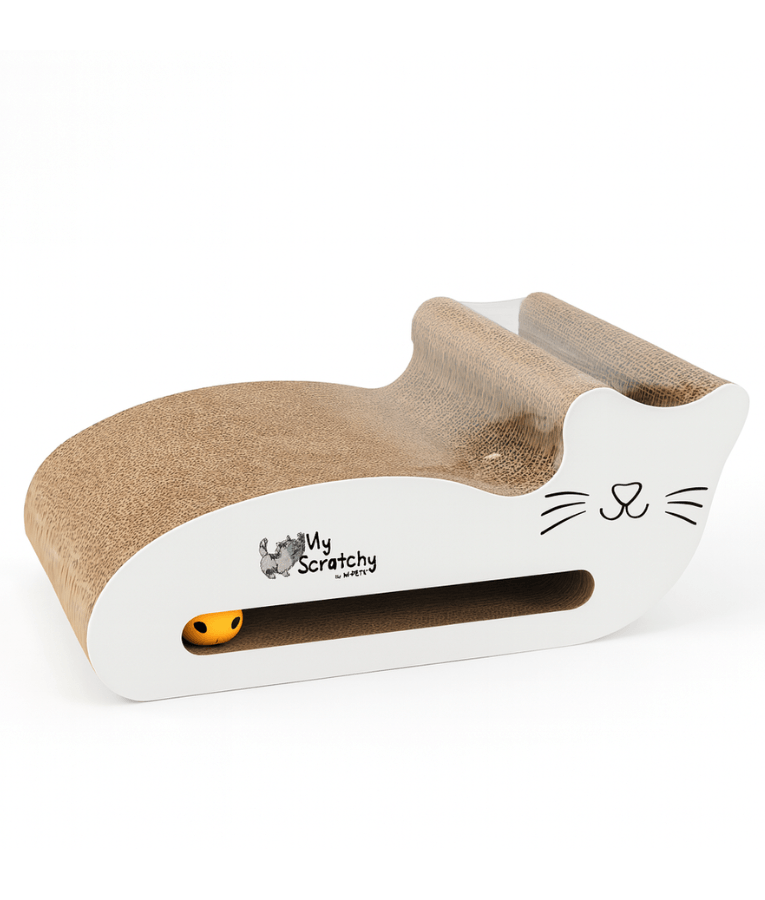 M-Pets - My Scratchy White Jackson Cat Scratcher, Cardboard Lounger with Catnip & Toy Balls - 47 × 25 × 19 cm