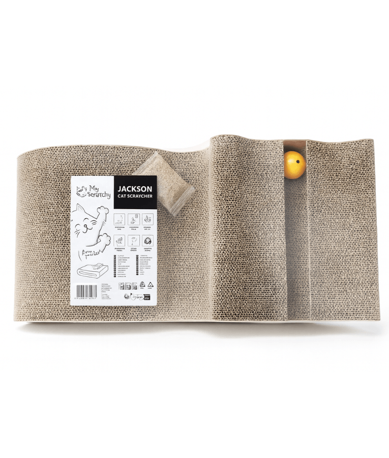 M-Pets - My Scratchy White Jackson Cat Scratcher, Cardboard Lounger with Catnip & Toy Balls - 47 × 25 × 19 cm