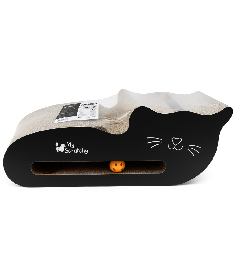 M-Pets - My Scratchy Black Jackson Cat Scratcher, Cardboard Lounger with Catnip & Toy Balls - 47 × 25 × 19 cm
