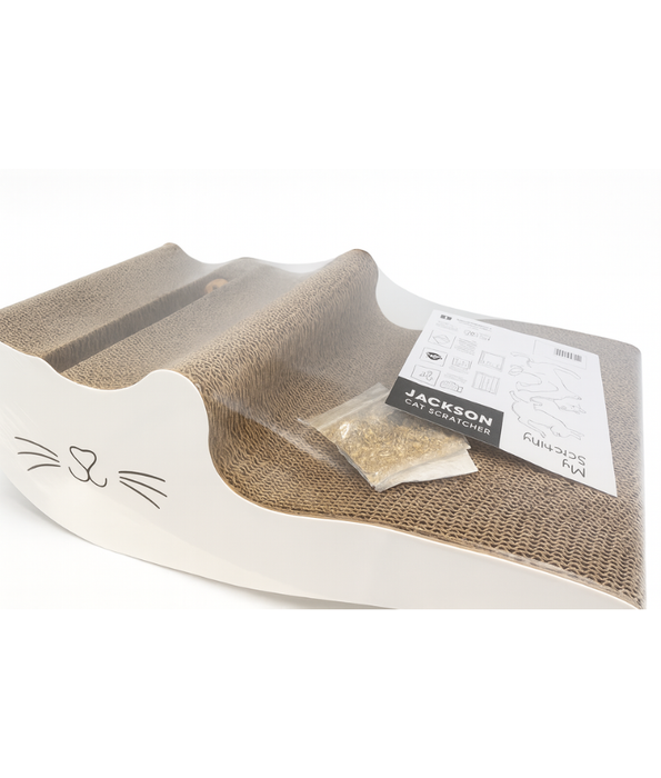 M-Pets - My Scratchy White Jackson Cat Scratcher – Cardboard Lounger with Catnip & Toy Balls 47 × 25 × 19 cm