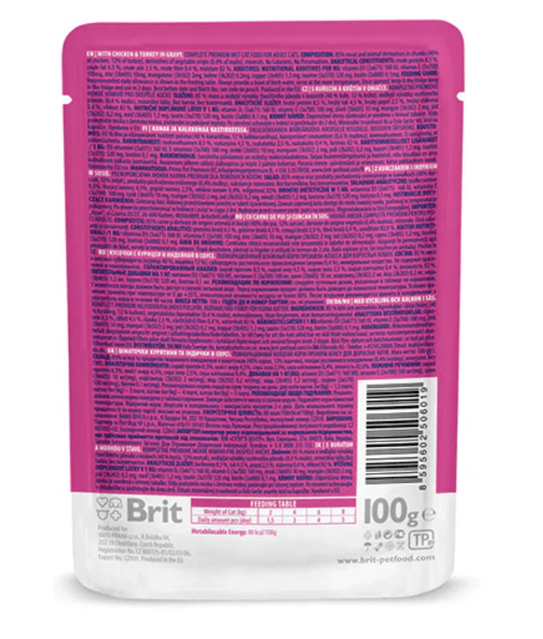 Brit Premium - Cat Pouches with Chicken & Turkey in Gravy, Adult, Cat Wet Food - 100g