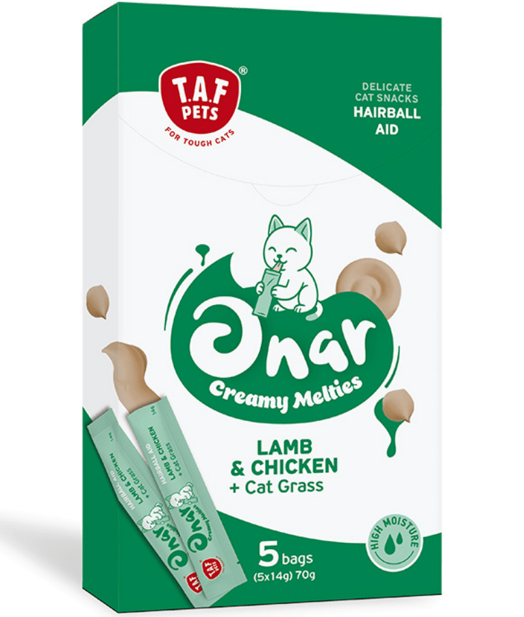 TAF Pets - Onar Creamy Snacks, Chicken, Lamb & Cat Grass, Hairball Aid Creamy Cat Treats, All Life Stages - 70g (5x14g)