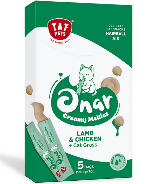 TAF Pets - Onar Creamy Snacks, Chicken, Lamb & Cat Grass, Hairball Aid Creamy Cat Treats, All Life Stages - 70g (5x14g)