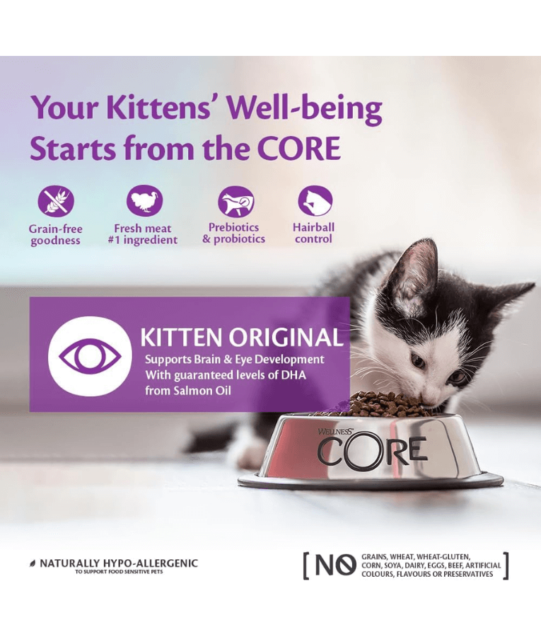 Wellness CORE Dry Cat Food – Grain-Free Kitten Original with Chicken & Turkey, Hairball Control, for Brain & Eye Development 1.75kg
