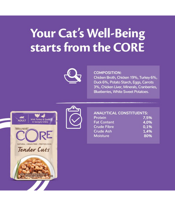 Wellness CORE Tender Cuts Turkey & Duck in Savory Gravy 85g