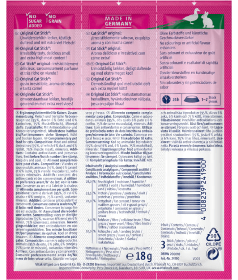Vitakraft - CatStick, 3 Classic Soft Sticks With Rabbit and Duck - 18g