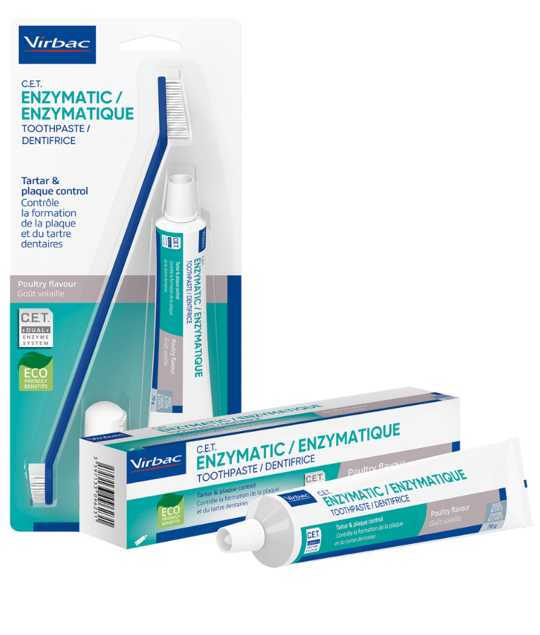 Virbac - C.E.T. Enzymatic Oral Hygiene Kit, Dual-Enzyme Toothpaste, Dual-Ended & Finger Toothbrush, Poultry Flavor - 70 g