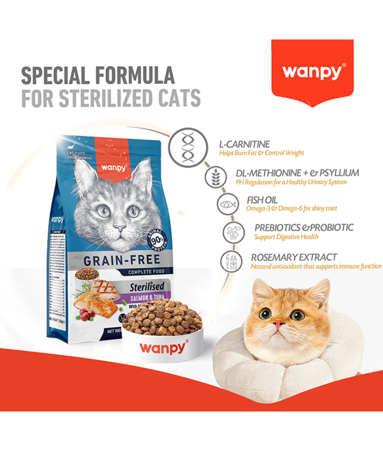 Wanpy - Grain-Free Salmon & Tuna Sterilized Adult Cat Food, Weight Control, Urinary Support - 1.5 kg