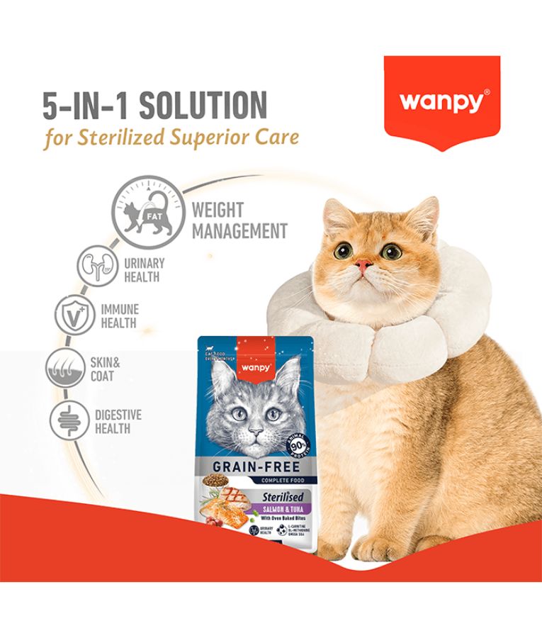 Wanpy - Grain-Free Salmon & Tuna Sterilized Adult Cat Food, Weight Control, Urinary Support - 1.5 kg