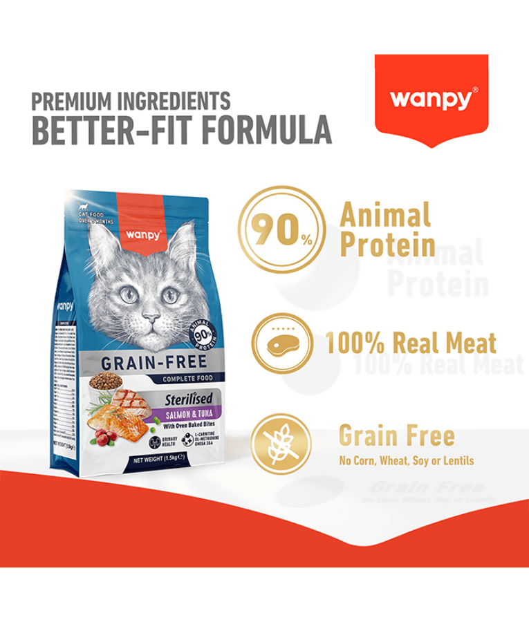 Wanpy - Grain-Free Salmon & Tuna Sterilized Adult Cat Food, Weight Control, Urinary Support - 1.5 kg