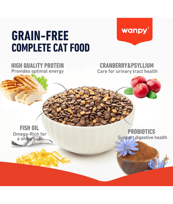 Wanpy - Grain-Free Chicken Adult Cat Food, High Animal Protein, Digestive & Immune Support - 1.5 kg