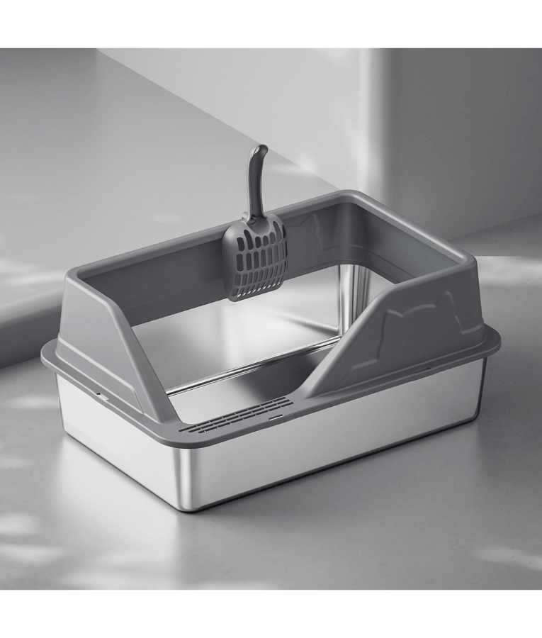 Stainless Steel Cat Litter Box, High Sides, Odor Control, Anti-Leak Design - Easy Clean XL Litter Tray Silver 60x40x33 cm