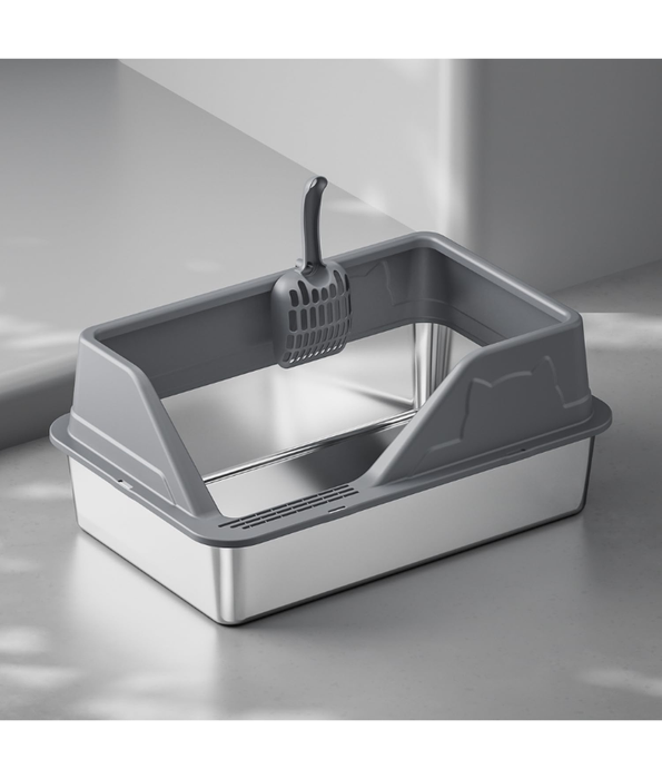Stainless Steel Cat Litter Box, High Sides, Odor Control, Anti-Leak Design - Easy Clean XL Litter Tray Silver 40x60x33 cm