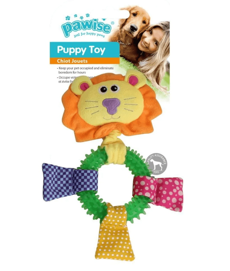 Pawise - Puppy Lion Ring Toy, Plush & TPR Teething Chew Toy for Puppies