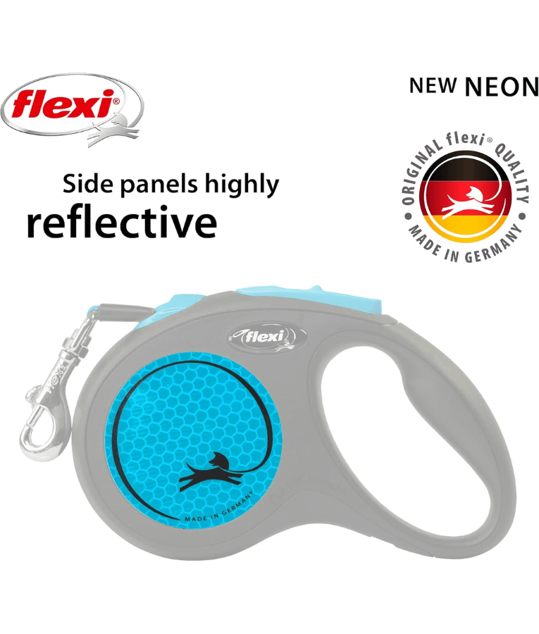 Flexi - New Reflective Neon Tape Retractable Leash - 5m Tape - Small & Medium Dogs up to 25kg - Blue
