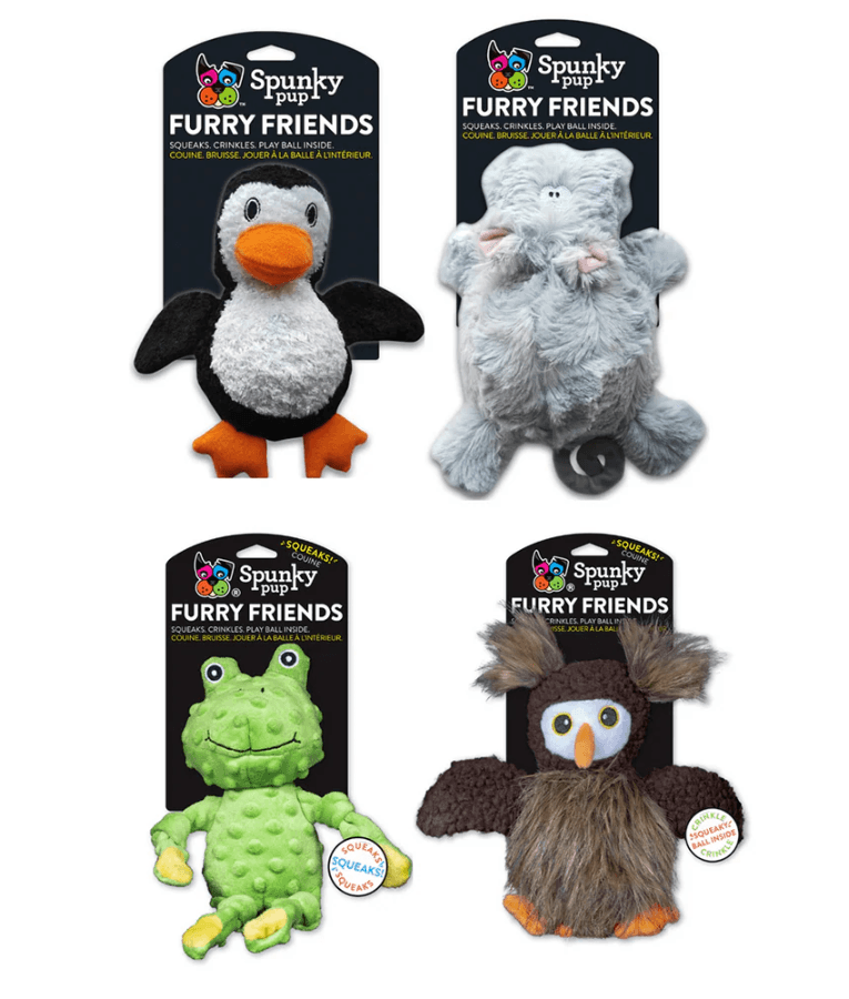 Spunky Pup - Furry Friends Plush Frog, Squeaky Crinkle Ball Dog Toy