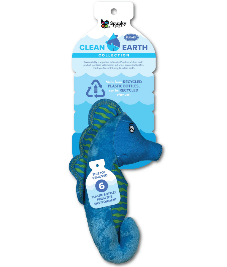 Spunky Pup - Seahorse Clean Earth Plush Textured, Recycled Materials, Sustainable Floating Squeaky Dog Toy - Small