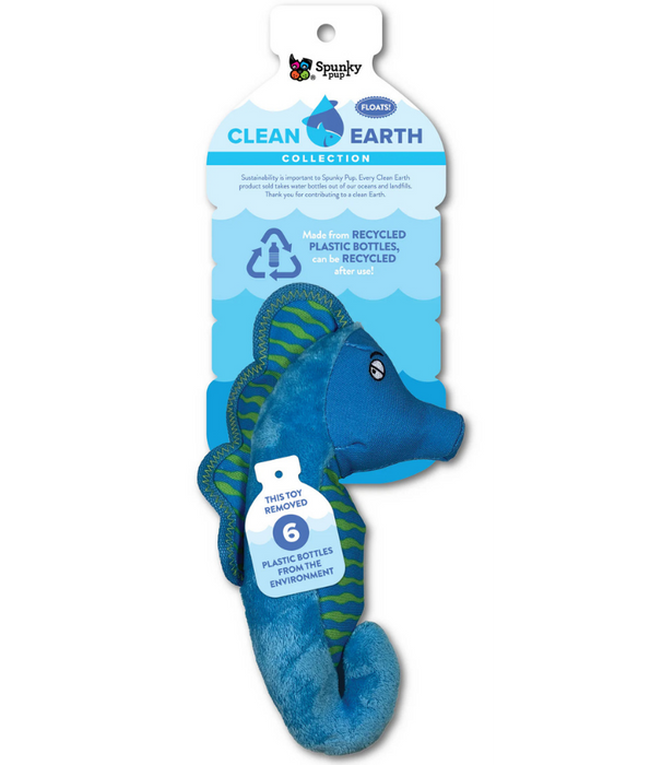 Spunky Pup - Seahorse Clean Earth Plush Textured, Recycled Materials, Sustainable Floating Squeaky Dog Toy - Small