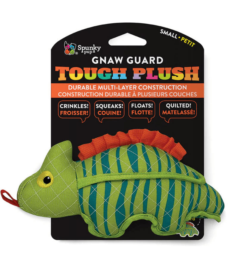 Spunky Pup - Neon Tough Plush Lizard, Multi-Layer Durable Fabric - Squeaky Crinkle Floating Dog Toy - Small
