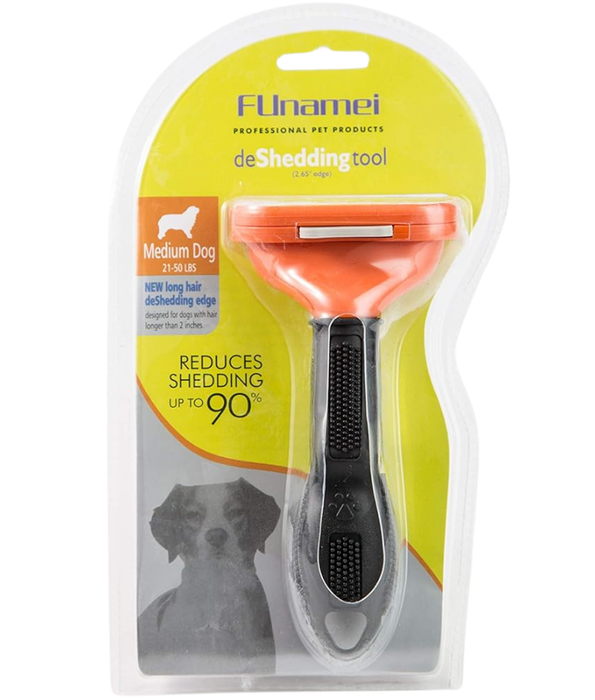Funamei - Professional Deshedding Tool, Long Hair Designer, Reduces Shedding Up to 90% for Dogs - Medium & Large