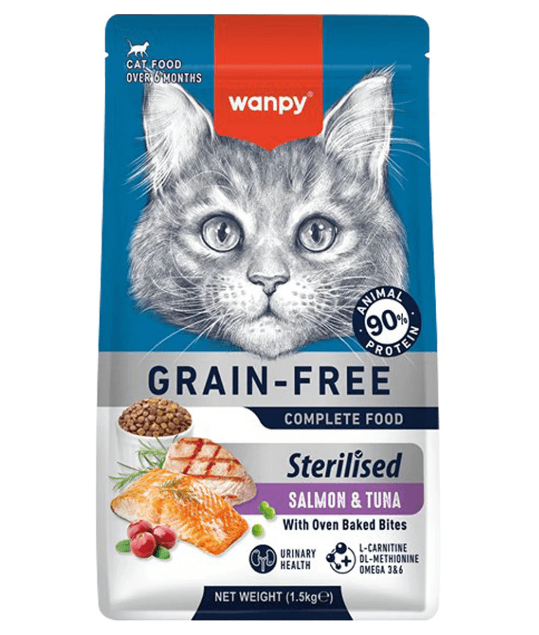 Wanpy - Grain-Free Salmon & Tuna Sterilized Adult Cat Food, Weight Control, Urinary Support - 1.5 kg