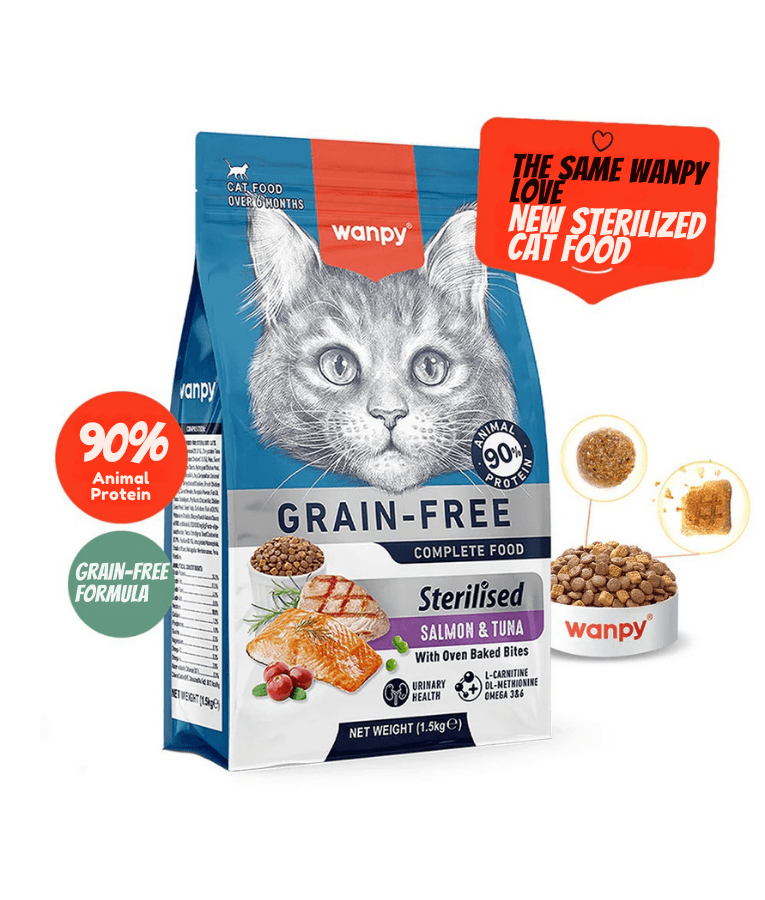 Wanpy - Grain-Free Salmon & Tuna Sterilized Adult Cat Food, Weight Control, Urinary Support - 1.5 kg