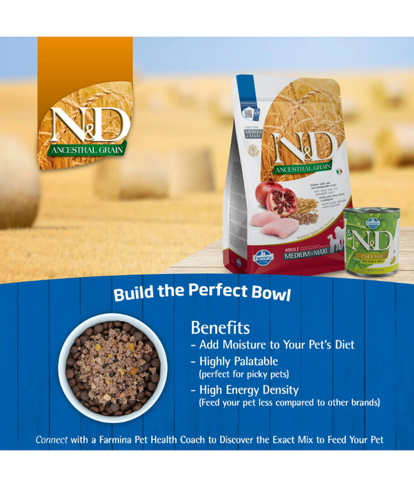 Farmina - N&D Ancestral Grain, Chicken and Pomegranate Adult Dry Dog Food For Medium & Maxi Breeds 12kg