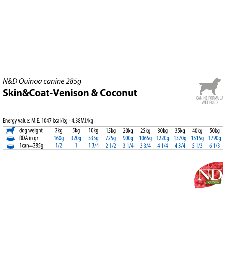 Farmina - N&D Quinoa Skin & Coat Venison & Coconut, Limited Ingredient, Omega Rich, Adult All Breed Sizes Wet Dog Food - 285 g