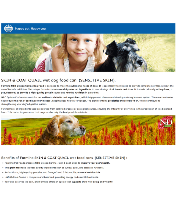 Farmina - N&D Quinoa ,Skin & Coat Quail & Coconut, Limited Ingredient, Omega Rich, Adult All Breed Sizes Wet Dog Food - 285 g