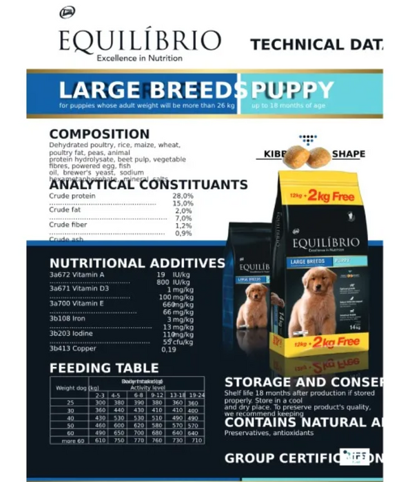 Equilibrio - Large Breed Puppy With Chicken 14kg