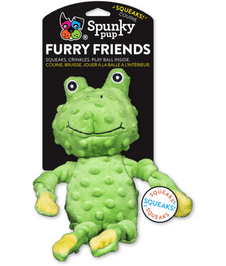 Spunky Pup - Furry Friends Plush Frog, Squeaky Crinkle Ball Dog Toy
