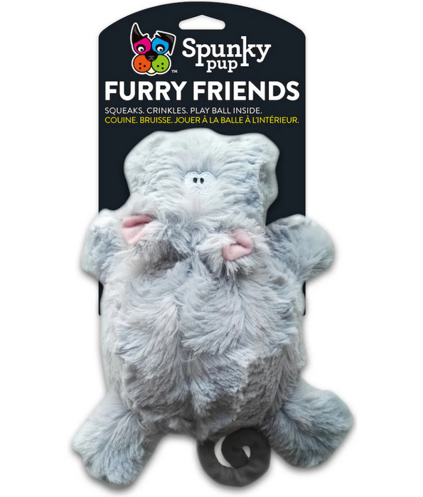 Spunky Pup - Furry Friends Plush Hippo, Squeaky Crinkle Ball Dog Toy