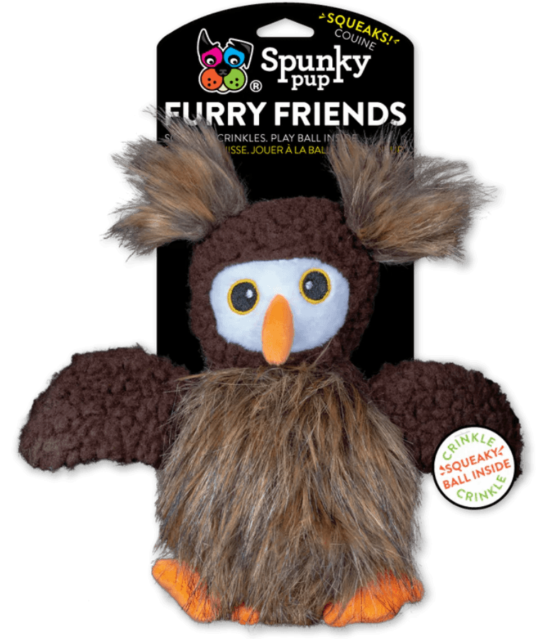 Spunky Pup - Furry Friends Plush Owl, Crinkle Squeaky Ball Dog Toy
