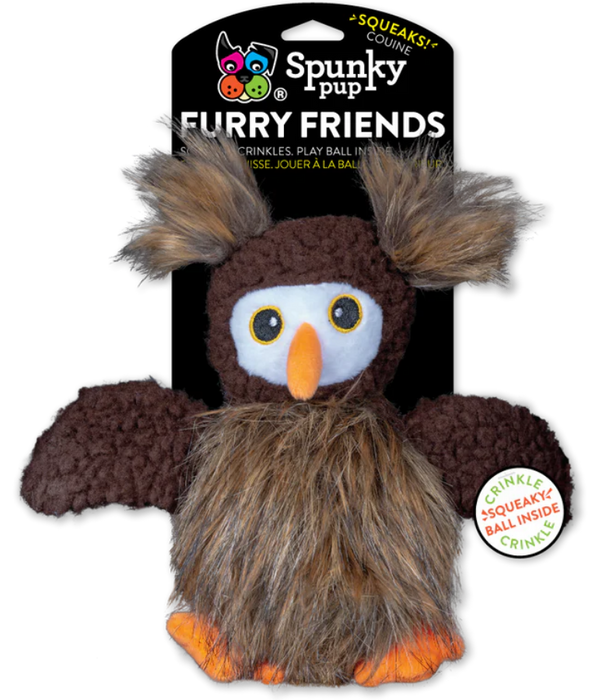 Spunky Pup - Furry Friends Plush Owl, Crinkle Squeaky Ball Dog Toy