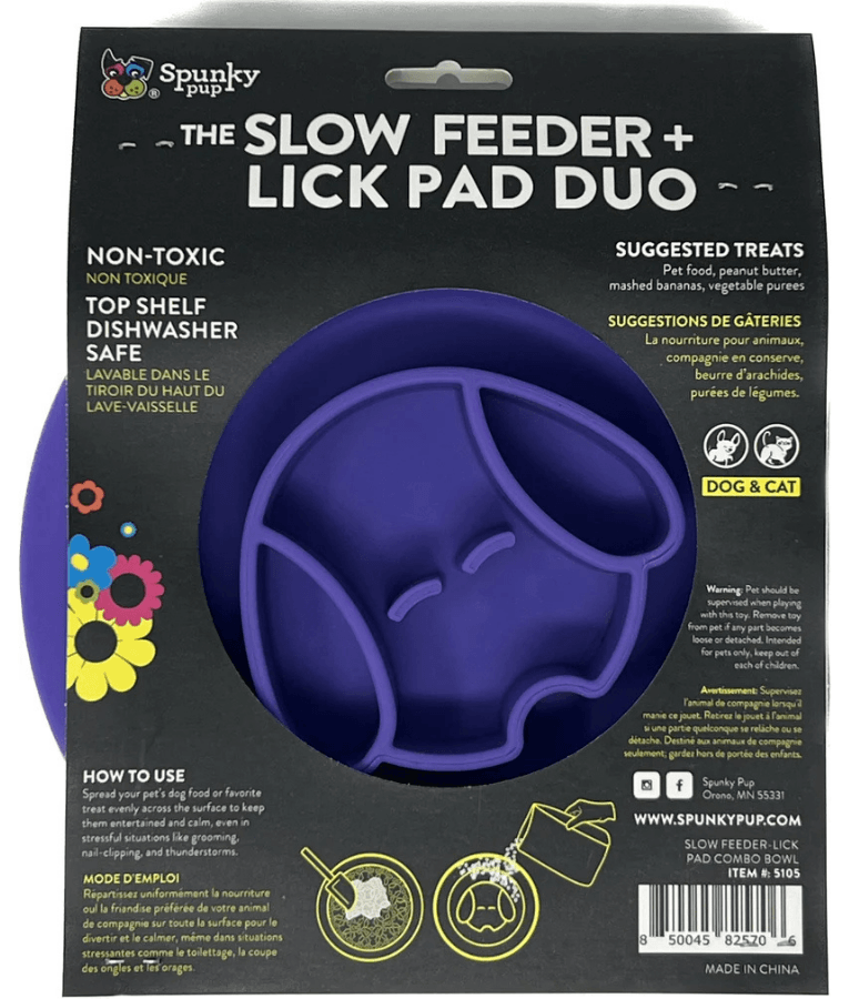 Spunky Pup - Slow Feeder & Lick Pad Combo, Food-Grade Silicone Slow Feeding Bowl for Dogs - Pink & Purple