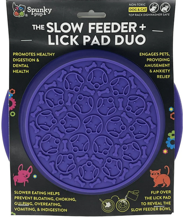 Spunky Pup - Slow Feeder & Lick Pad Combo, Food-Grade Silicone Slow Feeding Bowl for Dogs - Pink & Purple