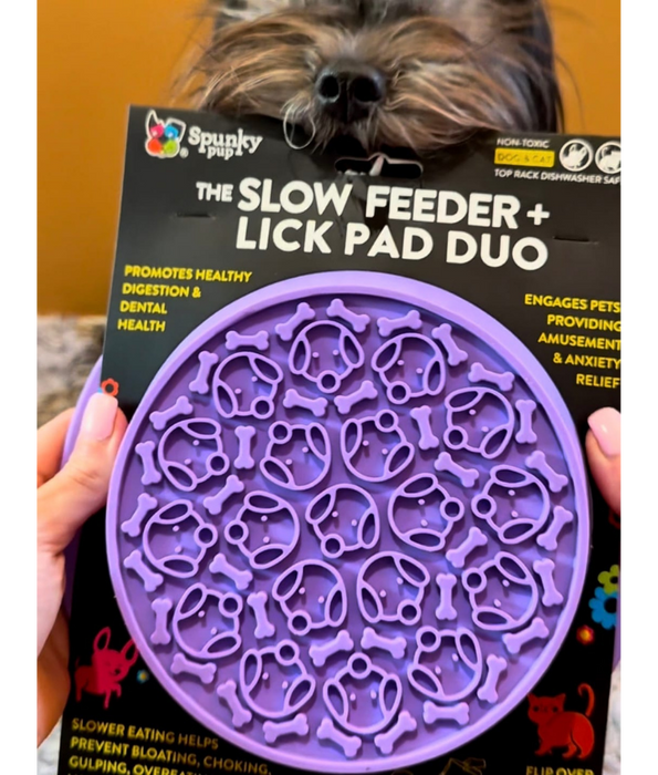Spunky Pup - Slow Feeder & Lick Pad Combo, Food-Grade Silicone Slow Feeding Bowl for Dogs - Pink & Purple
