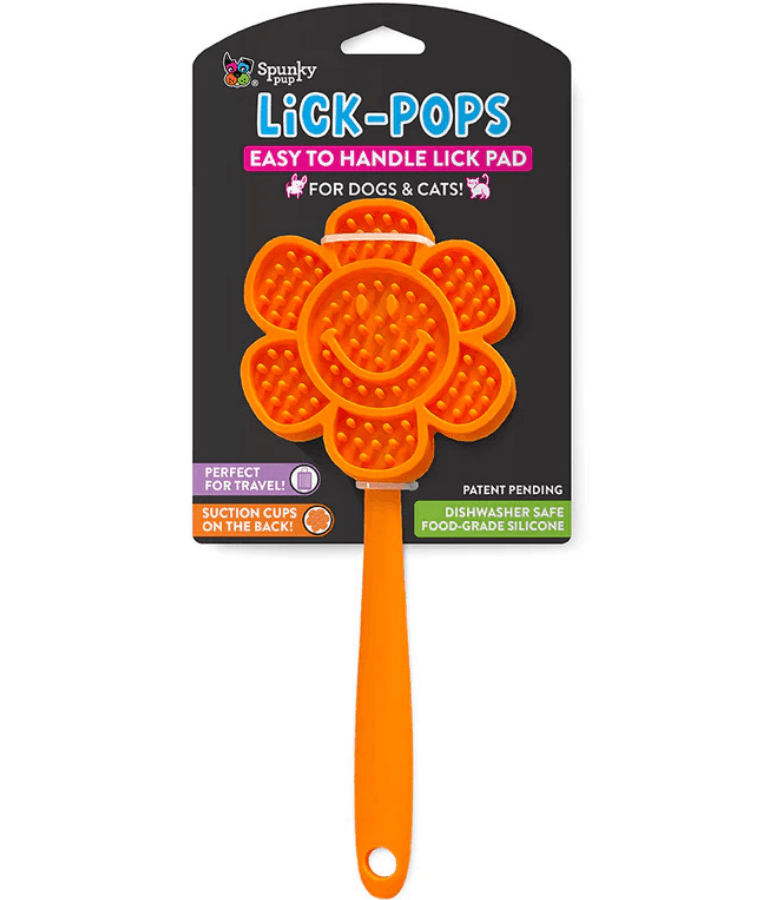 Spunky Pup - Smiley Flower Lick Pops, Food-Grade Silicone Licking Mat with Handle for Dogs & Cats