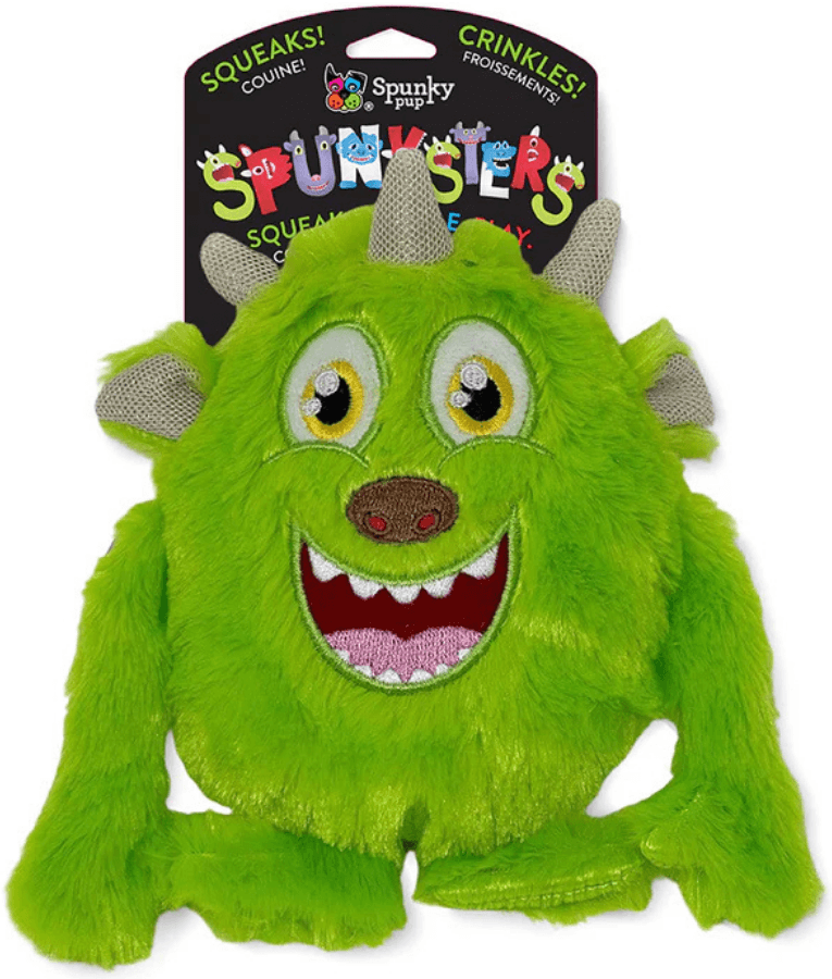 Spunky Pup - Spunksters Green Plush Monster, Squeaky Crinkle Dog Toy