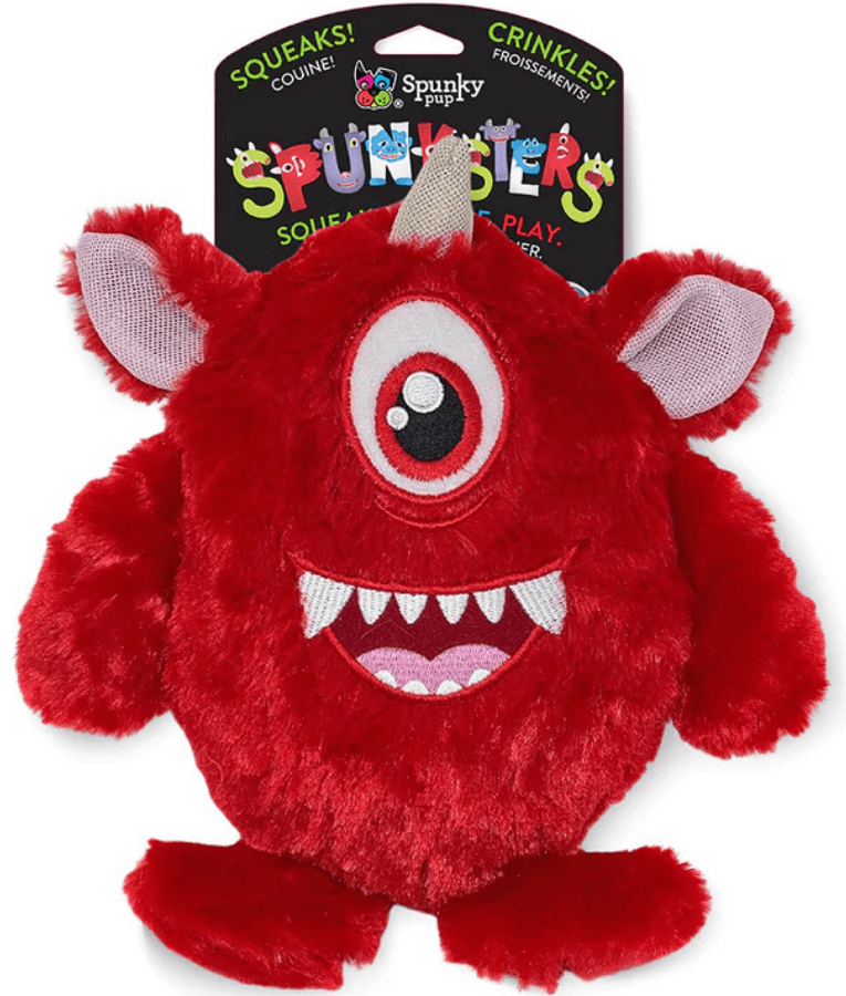 Spunky Pup - Spunksters Red Plush Monster, Squeaky Crinkle Dog Toy