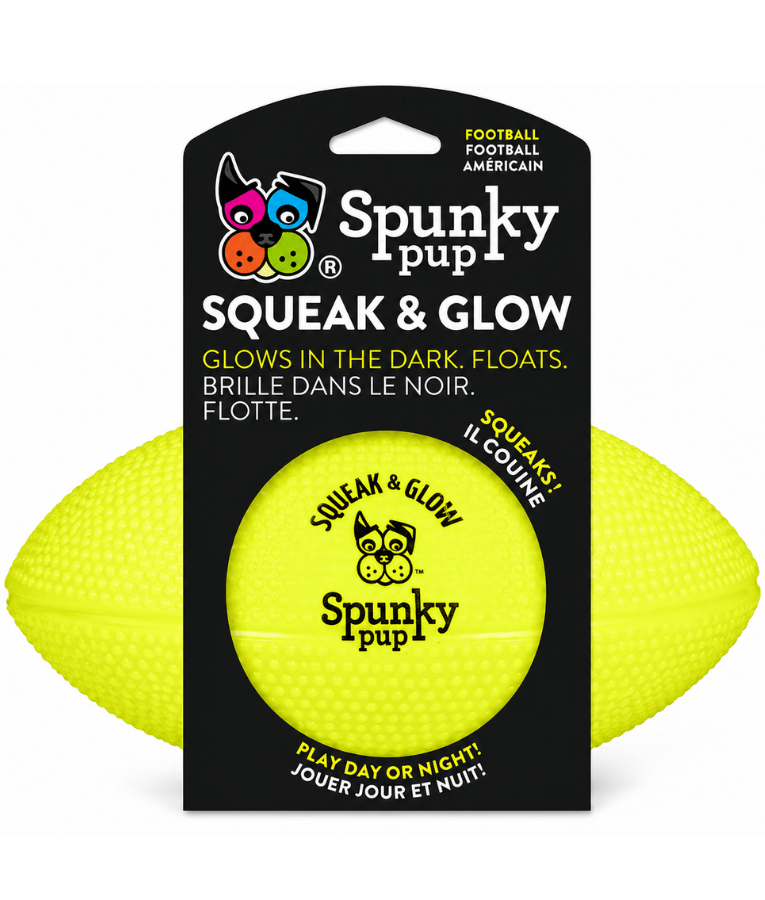 Spunky Pup - Squeak & Glow Football, Glow-in-the-Dark Floating Dog Fetch Toy, Squeaky Textured Football