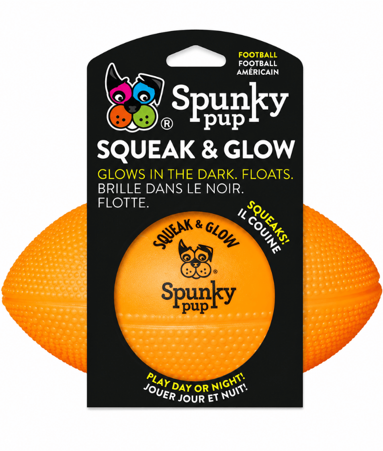 Spunky Pup - Squeak & Glow Football, Glow-in-the-Dark Floating Dog Fetch Toy, Squeaky Textured Football
