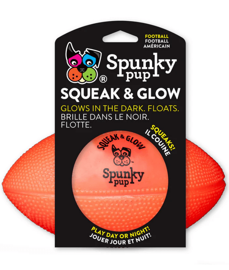Spunky Pup - Squeak & Glow Football, Glow-in-the-Dark Floating Dog Fetch Toy, Squeaky Textured Football